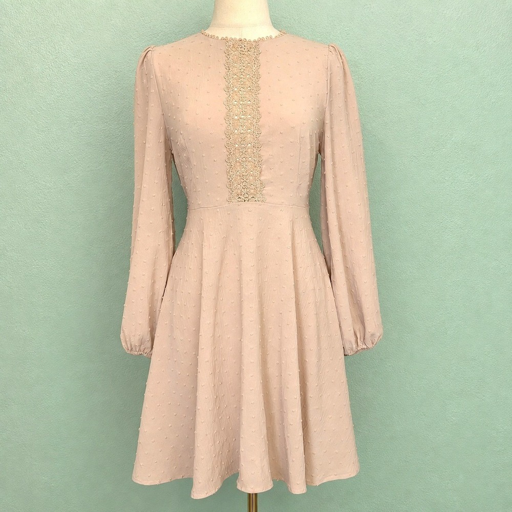 Swiss Dot Mini Dress Womens Blush Pink Crochet Lace Long Sleeve